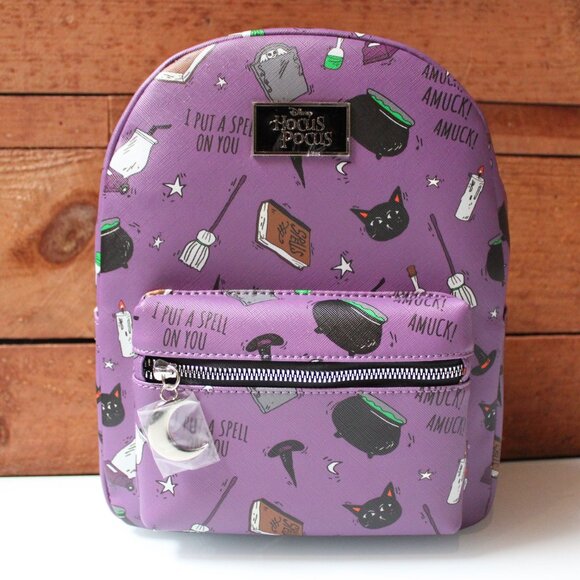 Disney Hocus Pocus Mini Backpack Purple Spell Book Cat Cauldron Halloween Bag NW - Picture 1 of 9
